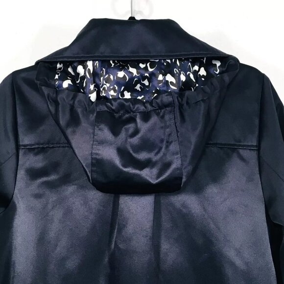 Dennis Basso Sz XS Front Zip Rain Jacket Navy Satin Anorak Removable Hood - Picture 11 of 12